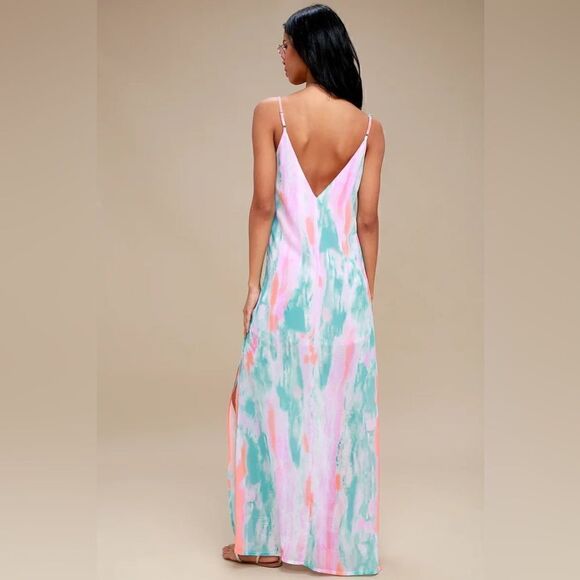 Lulus Flying Watercolors Tie Dye Fuchsia Print Maxi Dress with Slit - Picture 2 of 4